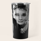 Audrey Hepburn, Tiara, Jewelry, Black and White Wall Art Travel Mug Gallery Image 1