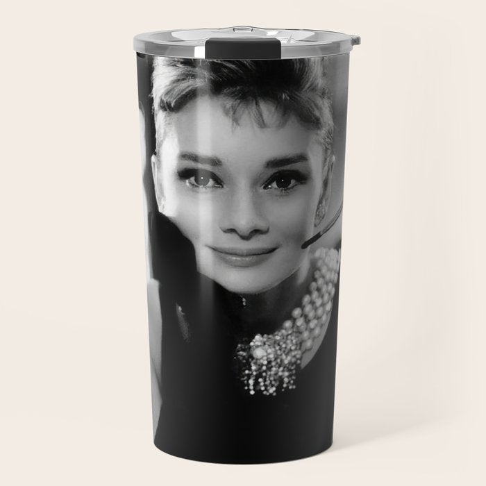 Audrey Hepburn, Tiara, Jewelry, Black and White Wall Art Travel Mug Gallery Image 1