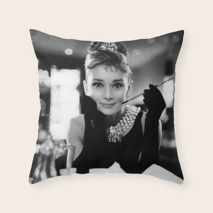 Audrey Hepburn, Tiara, Jewelry, Black and White Wall Art Throw Pillow Gallery Image 6
