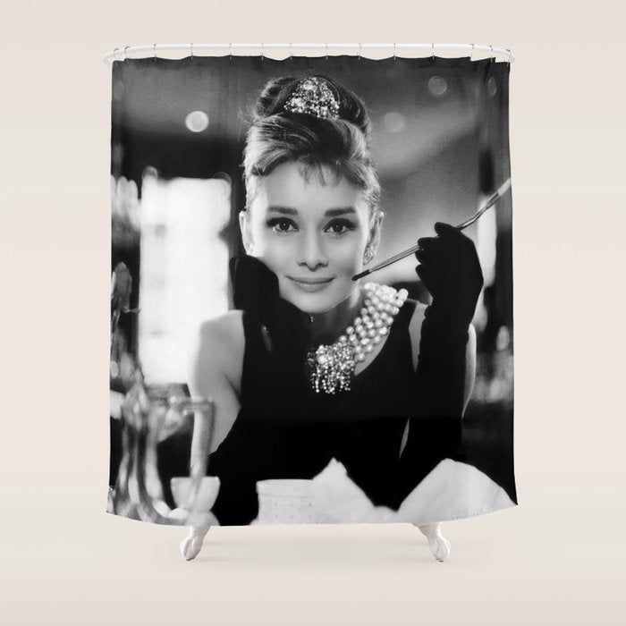 Audrey Hepburn, Tiara, Jewelry, Black and White Wall Art Shower Curtain Gallery Image 1