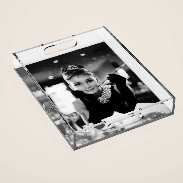 Audrey Hepburn, Tiara, Jewelry, Black and White Wall Art Acrylic Tray Gallery Image 1