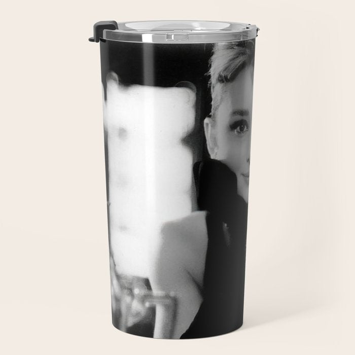 Audrey Hepburn, Tiara, Jewelry, Black and White Wall Art Travel Mug Gallery Image 3