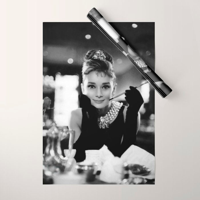 Audrey Hepburn, Tiara, Jewelry, Black and White Wall Art Wrapping Paper Gallery Image 1