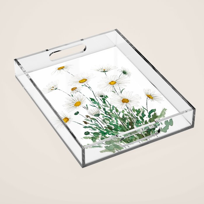 white Margaret daisy watercolor Acrylic Tray Gallery Image 1