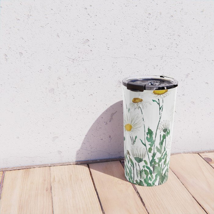 white Margaret daisy watercolor Travel Mug Gallery Image 4