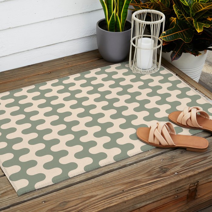 Retro Mid Century Modern Waves in Sage Green Outdoor Rug Gallery Image 2