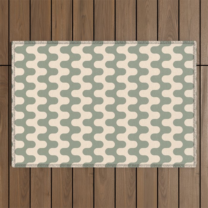 Retro Mid Century Modern Waves in Sage Green Outdoor Rug Gallery Image 1