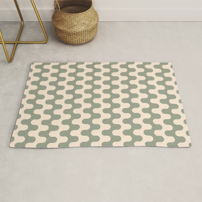 Retro Mid Century Modern Waves in Sage Green Rug Gallery Image 1