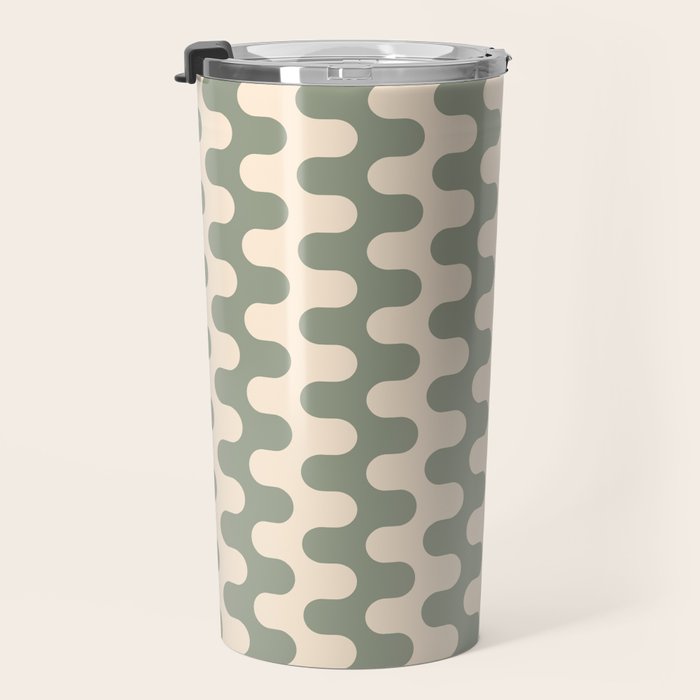 Retro Mid Century Modern Waves in Sage Green Travel Mug Gallery Image 3
