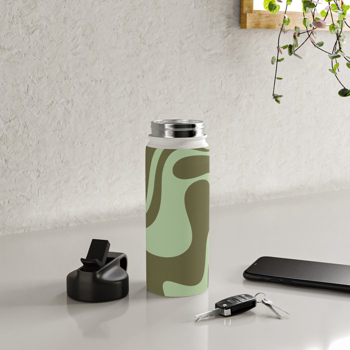 Retro Liquid Swirl Contemporary Abstract Pattern 2 in Olive Celadon Sage Green Water Bottle Gallery Image 4