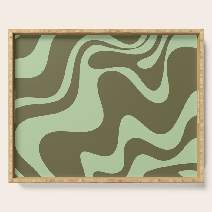 Retro Liquid Swirl Contemporary Abstract Pattern 2 in Olive Celadon Sage Green Serving Tray Gallery Image 1