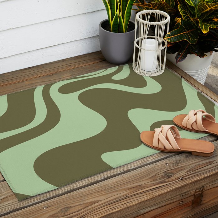 Retro Liquid Swirl Contemporary Abstract Pattern 2 in Olive Celadon Sage Green Outdoor Rug Gallery Image 2