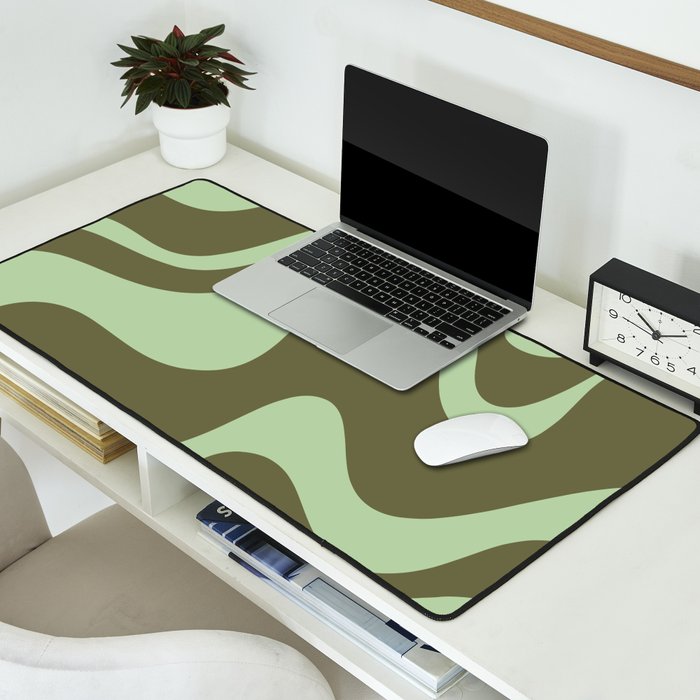 Retro Liquid Swirl Contemporary Abstract Pattern 2 in Olive Celadon Sage Green Desk Mat Gallery Image 2