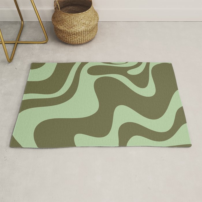 Retro Liquid Swirl Contemporary Abstract Pattern 2 in Olive Celadon Sage Green Rug Gallery Image 1