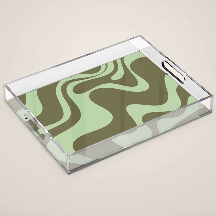 Retro Liquid Swirl Contemporary Abstract Pattern 2 in Olive Celadon Sage Green Acrylic Tray Gallery Image 1