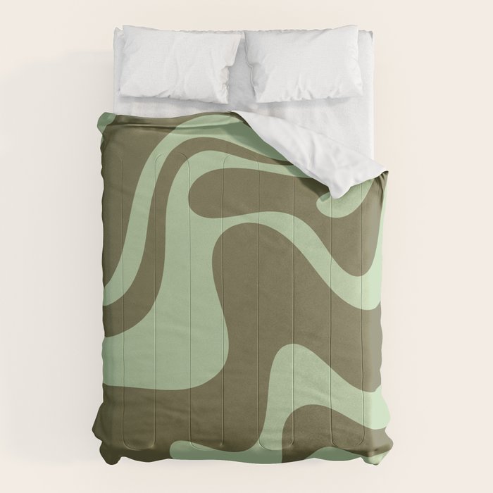 Retro Liquid Swirl Contemporary Abstract Pattern 2 in Olive Celadon Sage Green Comforter Gallery Image 6