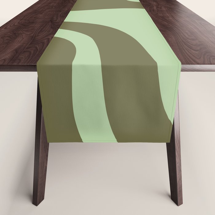 Retro Liquid Swirl Contemporary Abstract Pattern 2 in Olive Celadon Sage Green Table Runner Gallery Image 1