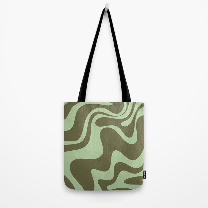 Retro Liquid Swirl Contemporary Abstract Pattern 2 in Olive Celadon Sage Green Tote Bag Gallery Image 2