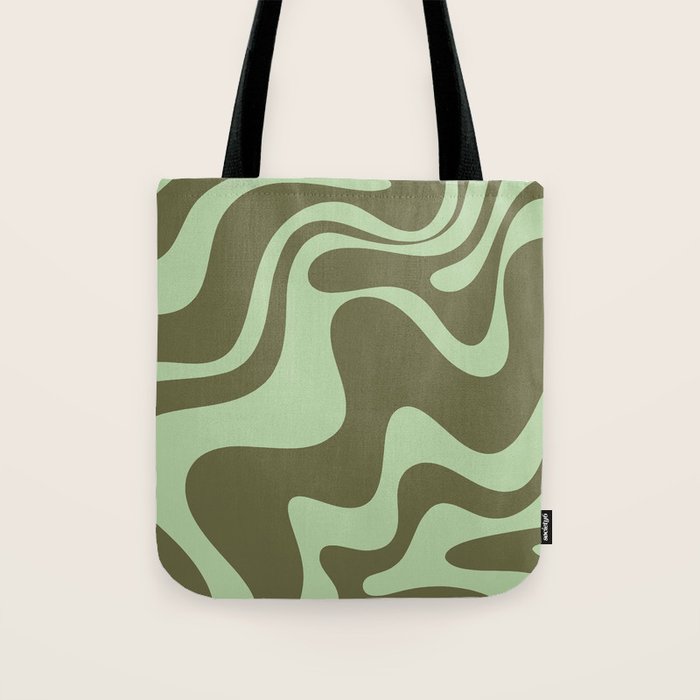 Retro Liquid Swirl Contemporary Abstract Pattern 2 in Olive Celadon Sage Green Tote Bag Gallery Image 1