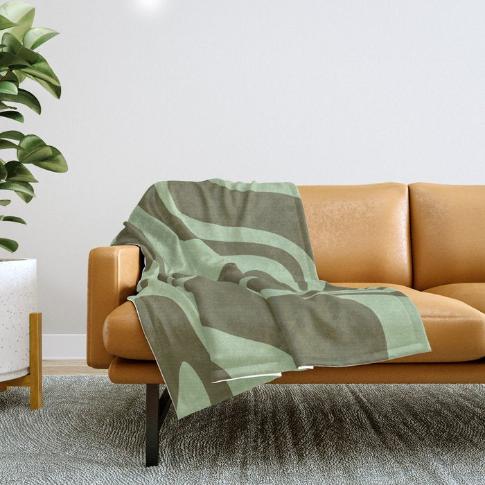 Retro Liquid Swirl Contemporary Abstract Pattern 2 in Olive Celadon Sage Green Throw Blanket Gallery Image 1