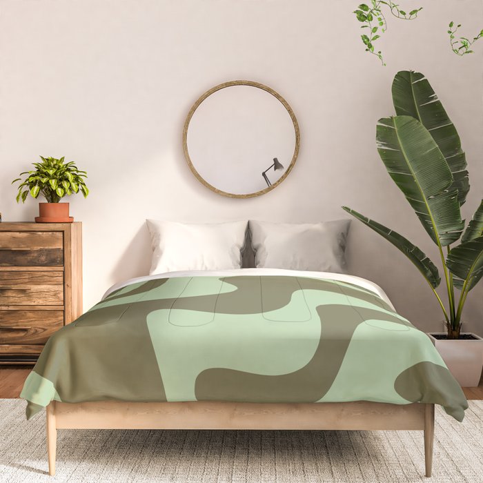 Retro Liquid Swirl Contemporary Abstract Pattern 2 in Olive Celadon Sage Green Comforter Gallery Image 3