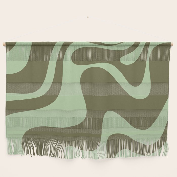 Retro Liquid Swirl Contemporary Abstract Pattern 2 in Olive Celadon Sage Green Wall Hanging Gallery Image 1