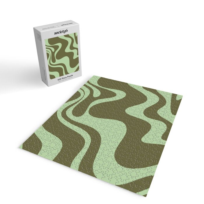 Retro Liquid Swirl Contemporary Abstract Pattern 2 in Olive Celadon Sage Green Jigsaw Puzzle Gallery Image 2