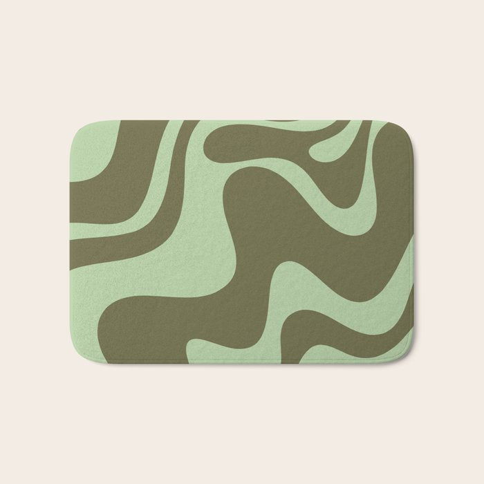 Retro Liquid Swirl Contemporary Abstract Pattern 2 in Olive Celadon Sage Green Bath Mat Gallery Image 1