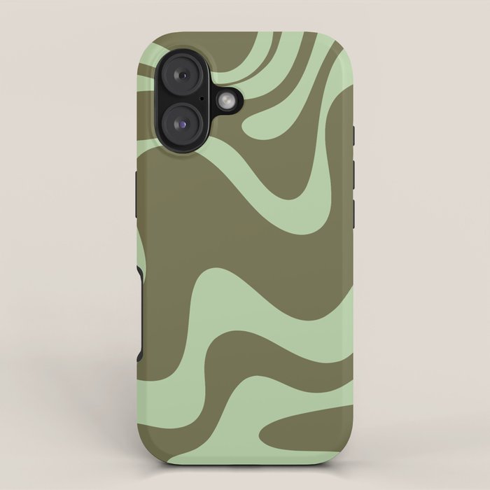 Retro Liquid Swirl Contemporary Abstract Pattern 2 in Olive Celadon Sage Green iPhone Case Gallery Image 1