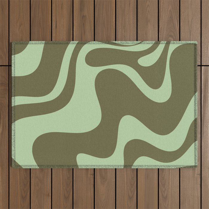 Retro Liquid Swirl Contemporary Abstract Pattern 2 in Olive Celadon Sage Green Outdoor Rug Gallery Image 1