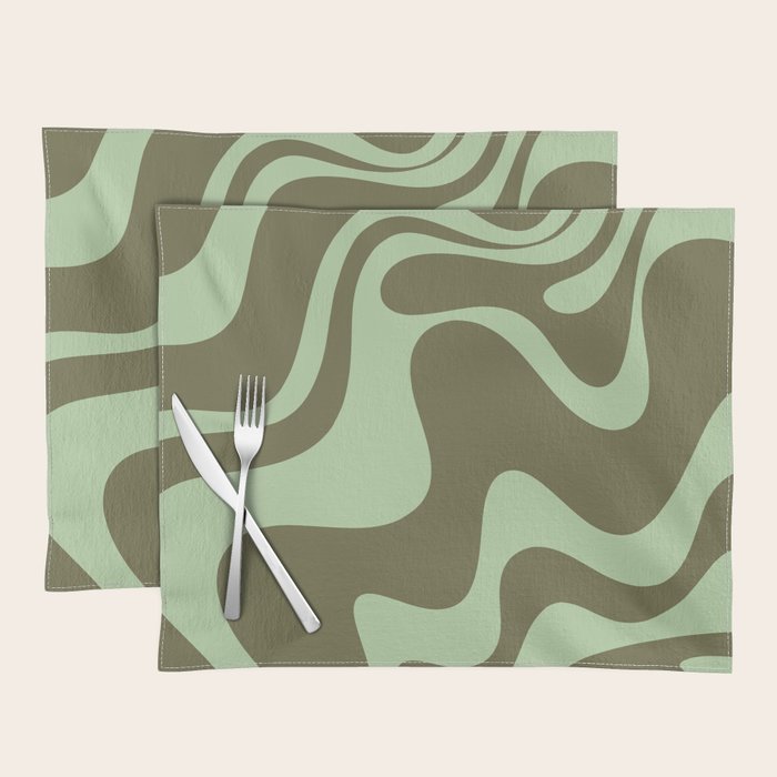 Retro Liquid Swirl Contemporary Abstract Pattern 2 in Olive Celadon Sage Green Placemat Gallery Image 1