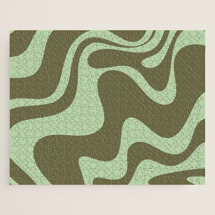 Retro Liquid Swirl Contemporary Abstract Pattern 2 in Olive Celadon Sage Green Jigsaw Puzzle Gallery Image 1