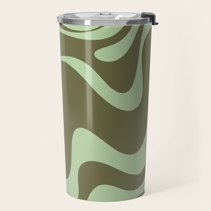 Retro Liquid Swirl Contemporary Abstract Pattern 2 in Olive Celadon Sage Green Travel Mug Gallery Image 2
