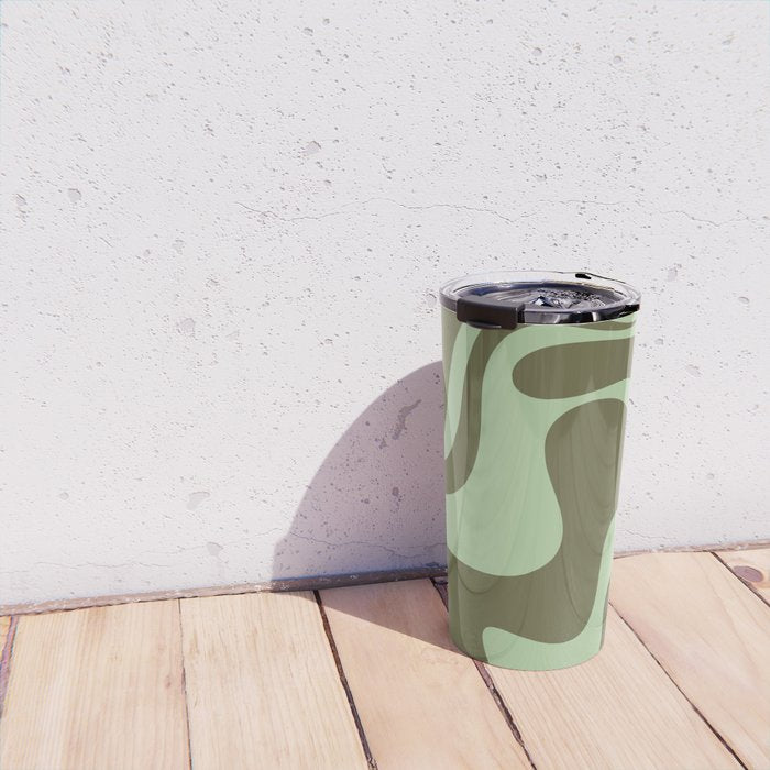Retro Liquid Swirl Contemporary Abstract Pattern 2 in Olive Celadon Sage Green Travel Mug Gallery Image 4