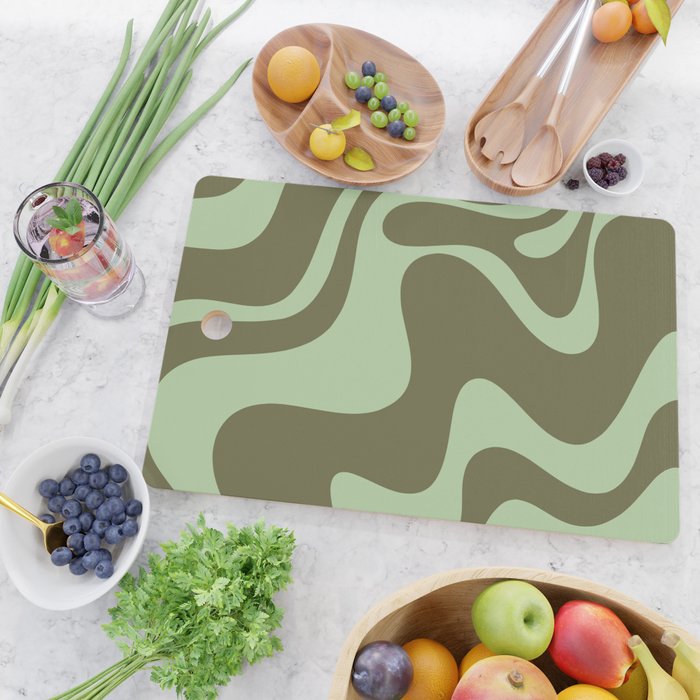 Retro Liquid Swirl Contemporary Abstract Pattern 2 in Olive Celadon Sage Green Cutting Board Gallery Image 2