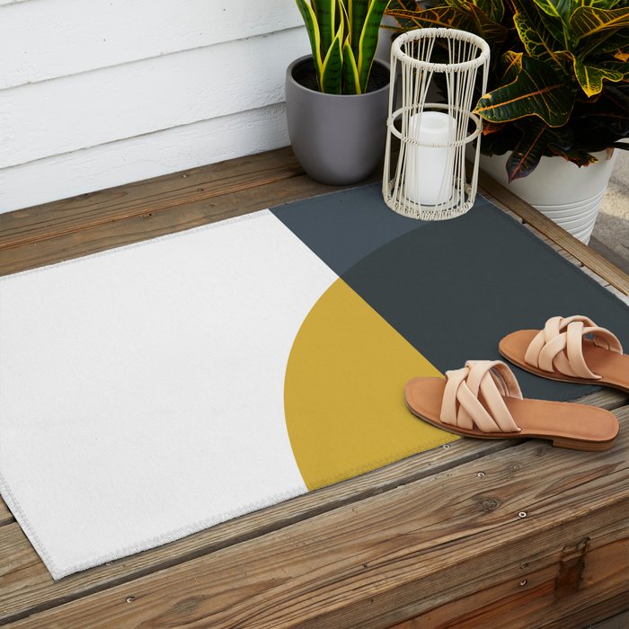 Minimalist Abstract Geometric in Mustard Yellow, Navy Blue, and White Outdoor Rug Gallery Image 2