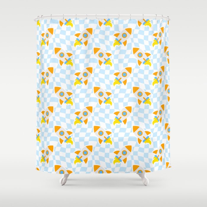 Space rocket cartoon checkered pattern Shower Curtain Gallery Image 1