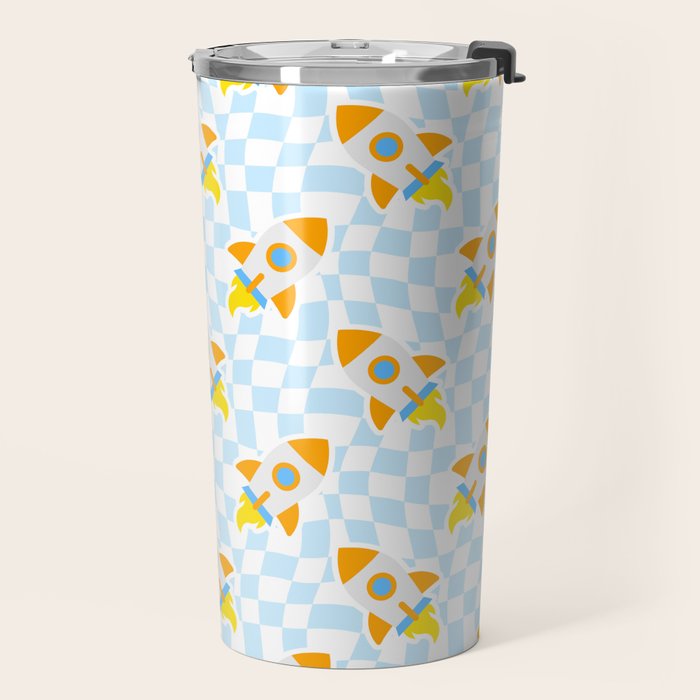 Space rocket cartoon checkered pattern Travel Mug Gallery Image 2