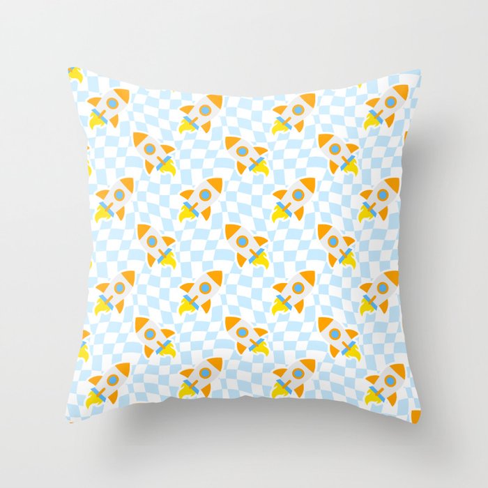 Space rocket cartoon checkered pattern Throw Pillow Gallery Image 6