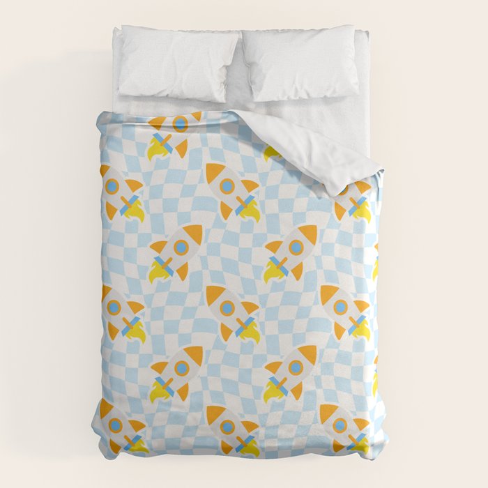 Space rocket cartoon checkered pattern Duvet Cover Gallery Image 1