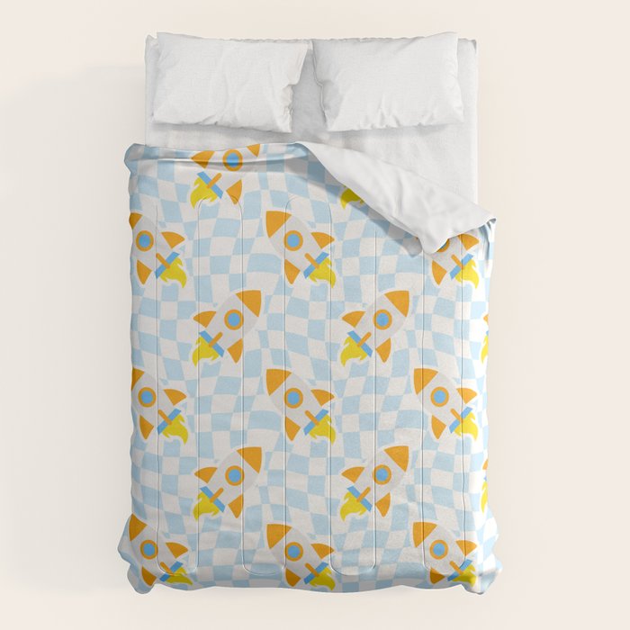 Space rocket cartoon checkered pattern Comforter Gallery Image 1