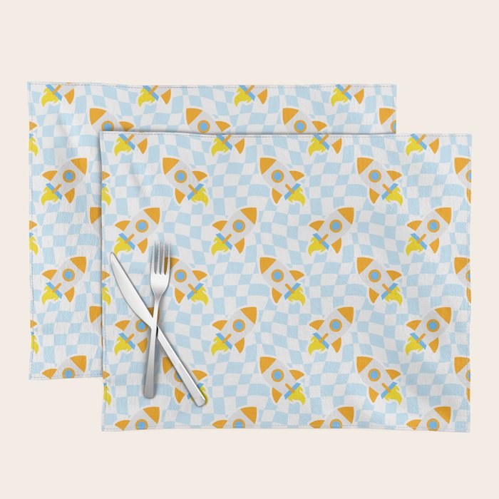 Space rocket cartoon checkered pattern Placemat Gallery Image 1