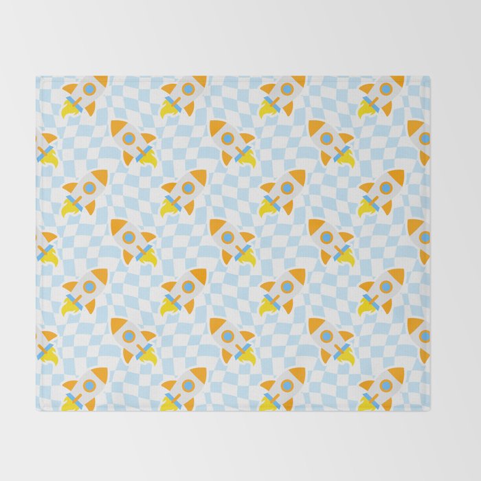 Space rocket cartoon checkered pattern Throw Blanket Gallery Image 2