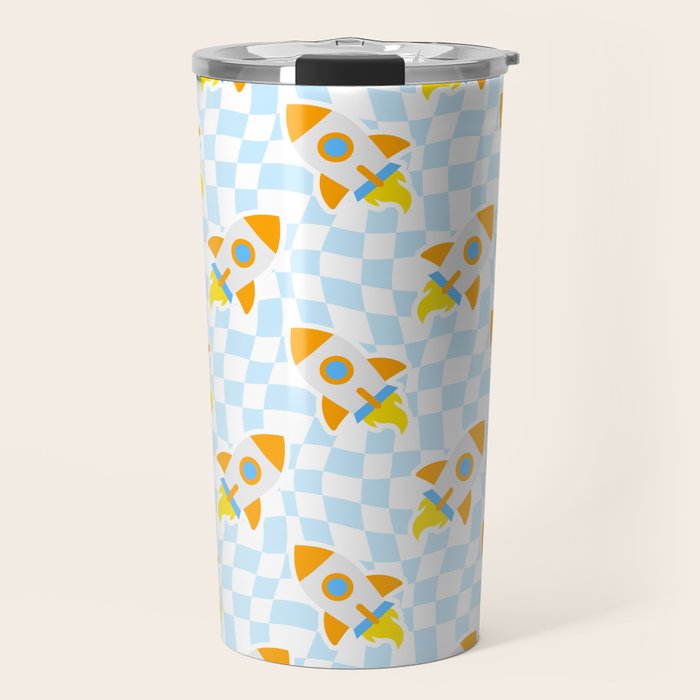 Space rocket cartoon checkered pattern Travel Mug Gallery Image 1