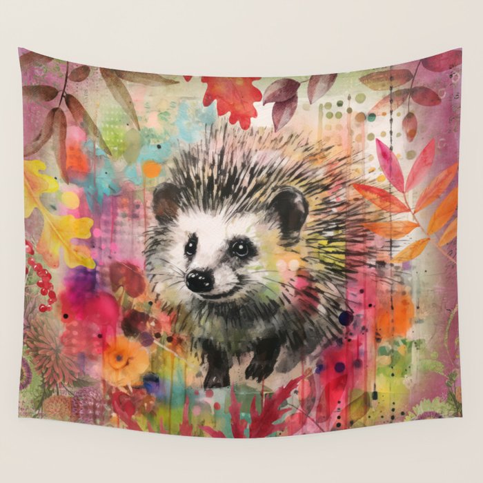 Colorful Hedgehoog Garden Indian Summer Flora And Wildlife Wall Tapestry Gallery Image 4