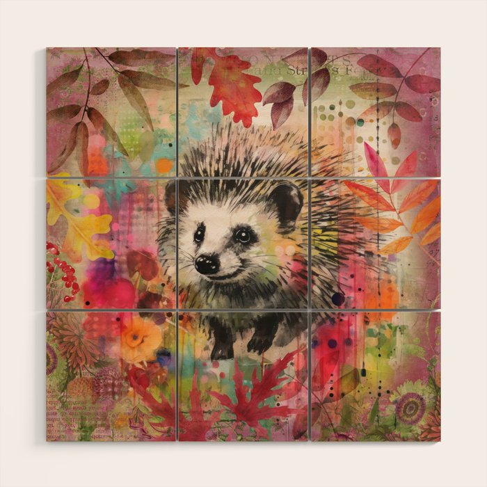 Colorful Hedgehoog Garden Indian Summer Flora And Wildlife Wood Wall Art Gallery Image 1