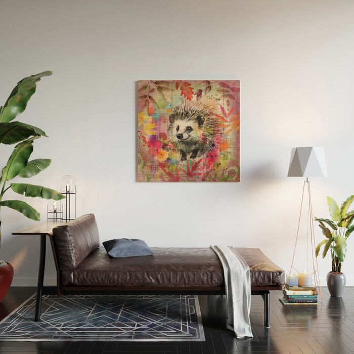 Colorful Hedgehoog Garden Indian Summer Flora And Wildlife Wood Wall Art Gallery Image 2