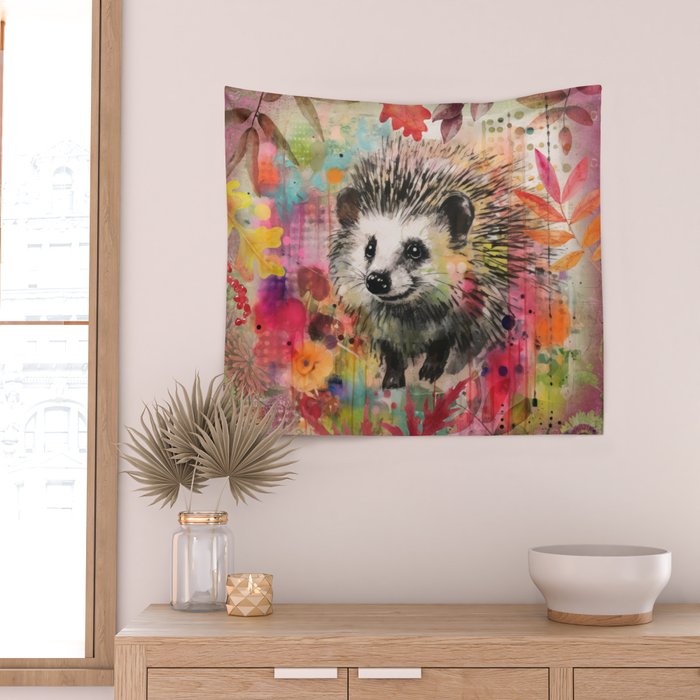 Colorful Hedgehoog Garden Indian Summer Flora And Wildlife Wall Tapestry Gallery Image 2