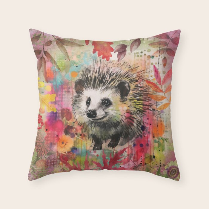Colorful Hedgehoog Garden Indian Summer Flora And Wildlife Throw Pillow Gallery Image 6