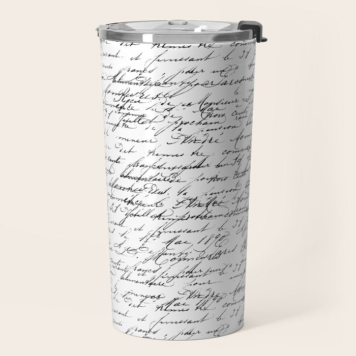 Vintage Handwriting Black And White Nostalgic Texture Travel Mug Gallery Image 2